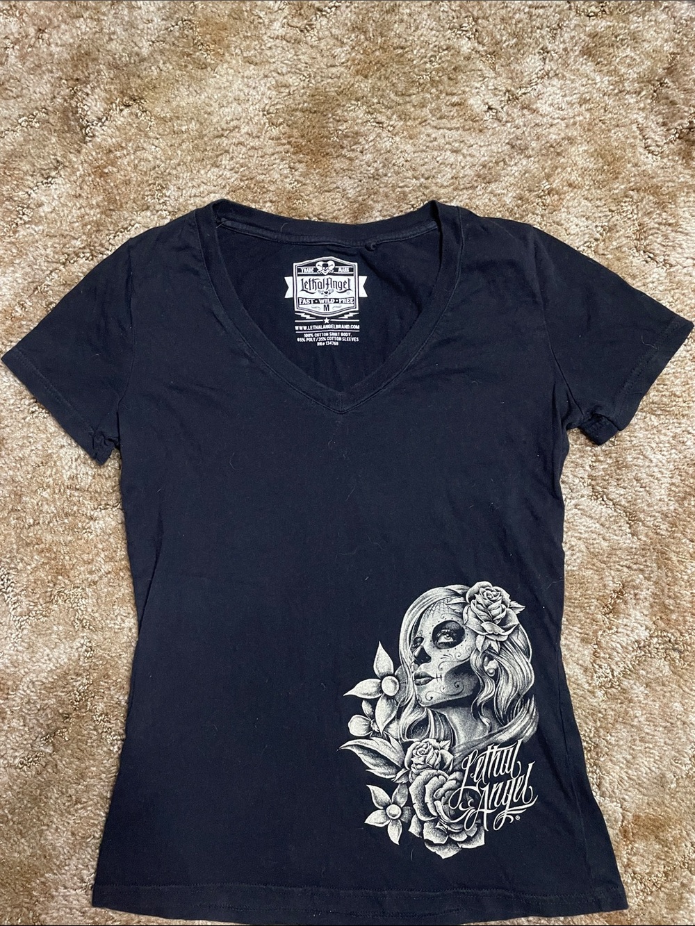 Lethal Angel Y2K Woman’s Black V Neck Fitted T Shirt Size Medium